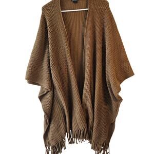 Steve Madden Brown Boho Fringe Open Front Ruana Cardigan Knit Crochet One Size